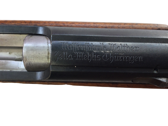 Walther Zella Mehlis Sportgewehr V im Kaliber 22 LR, Detailansicht der Systemhülse mit Aufschrift "Waffenfabrik Walther Zella Mehlis Thüringen"